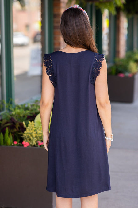 Navy Crochet Trim Shift Dress - Filly Flair