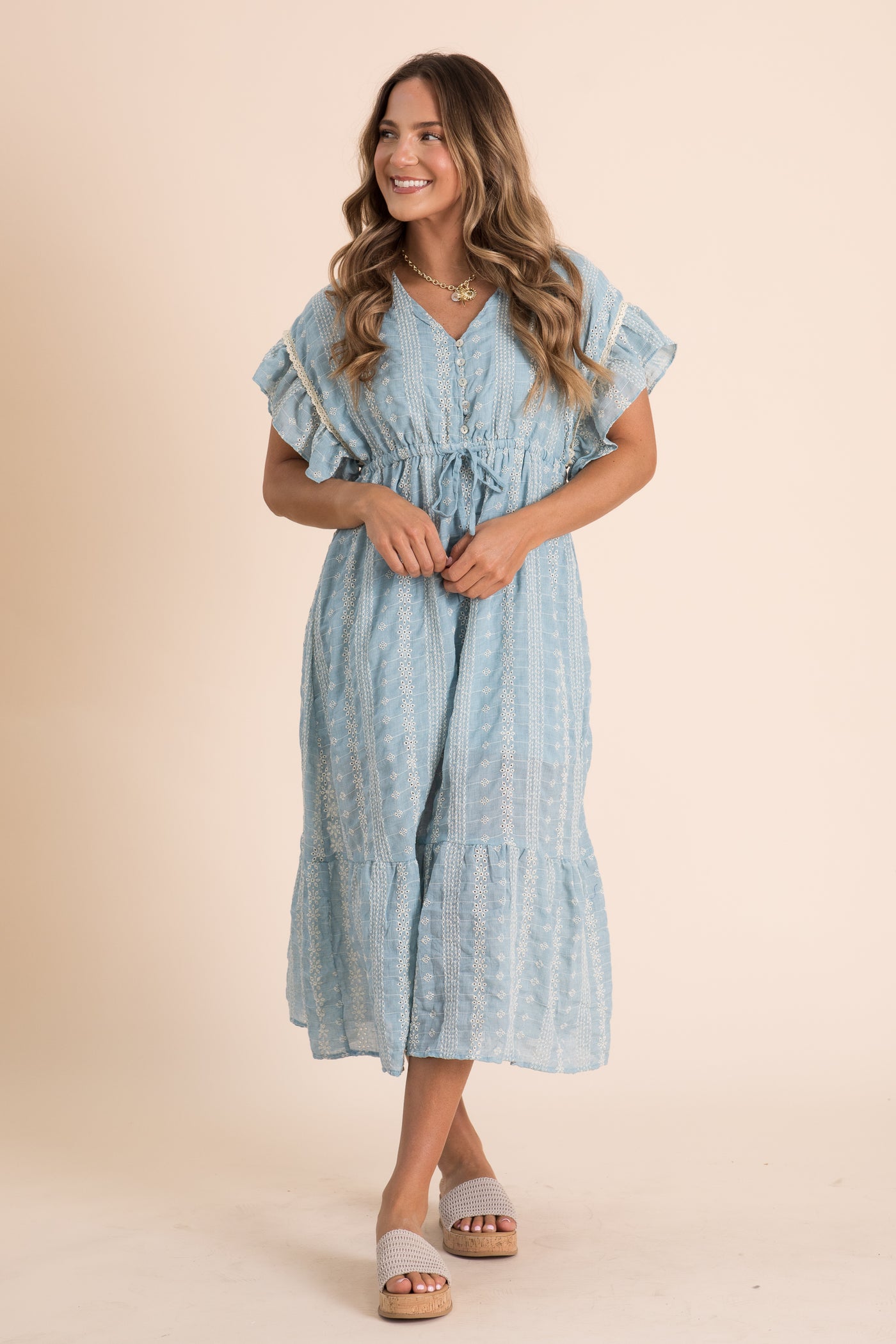 Dusty Blue Embroidered Boho Ruffled Midi Dress