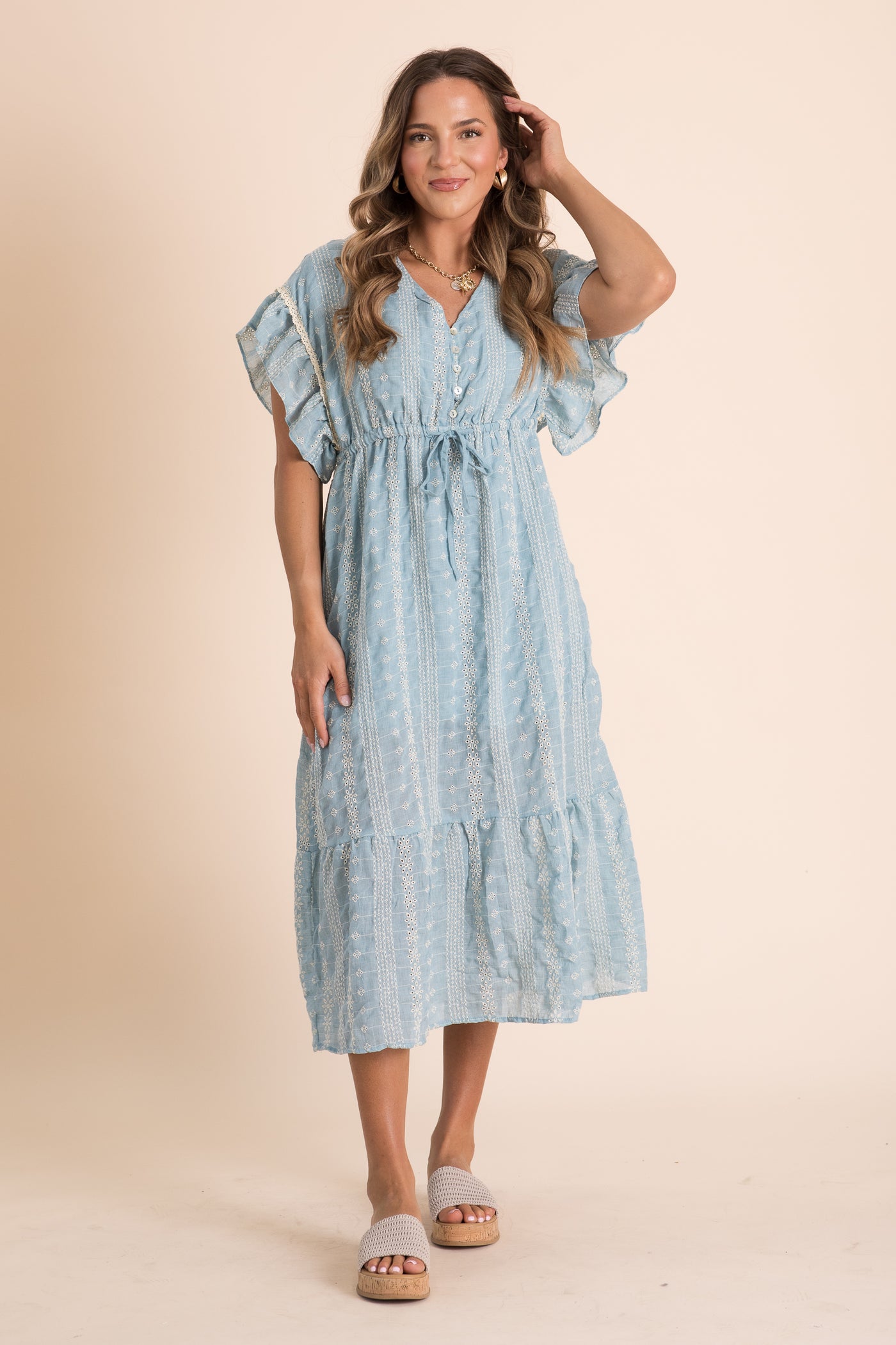 Dusty Blue Embroidered Boho Ruffled Midi Dress