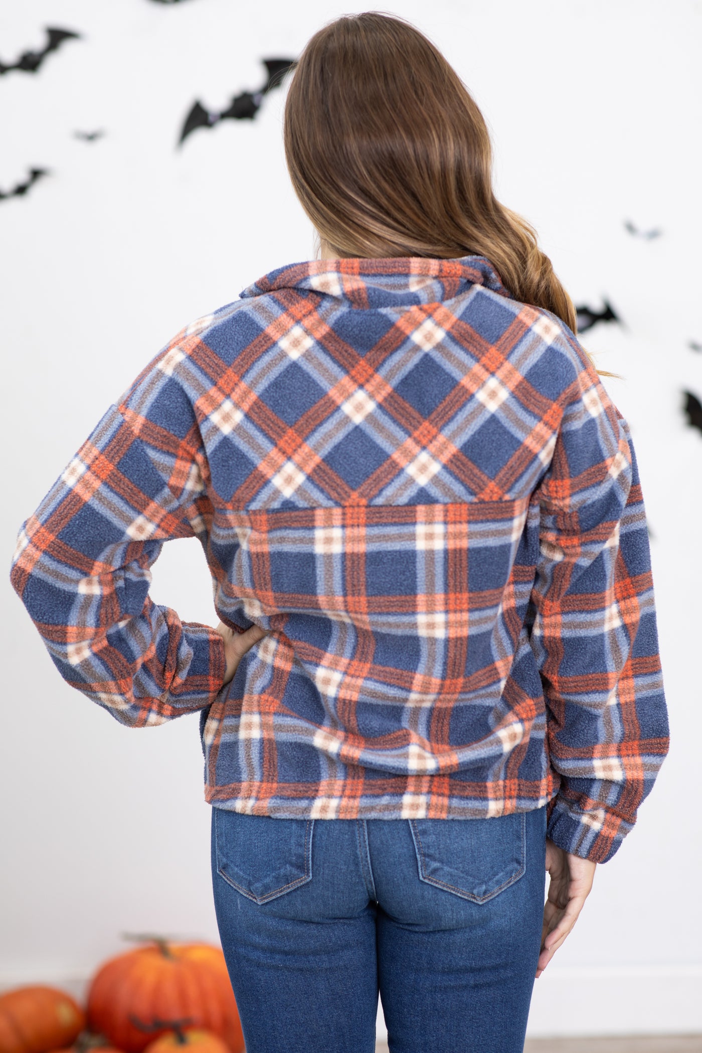 Navy and Orange Plaid 1/4 Zip Pullover