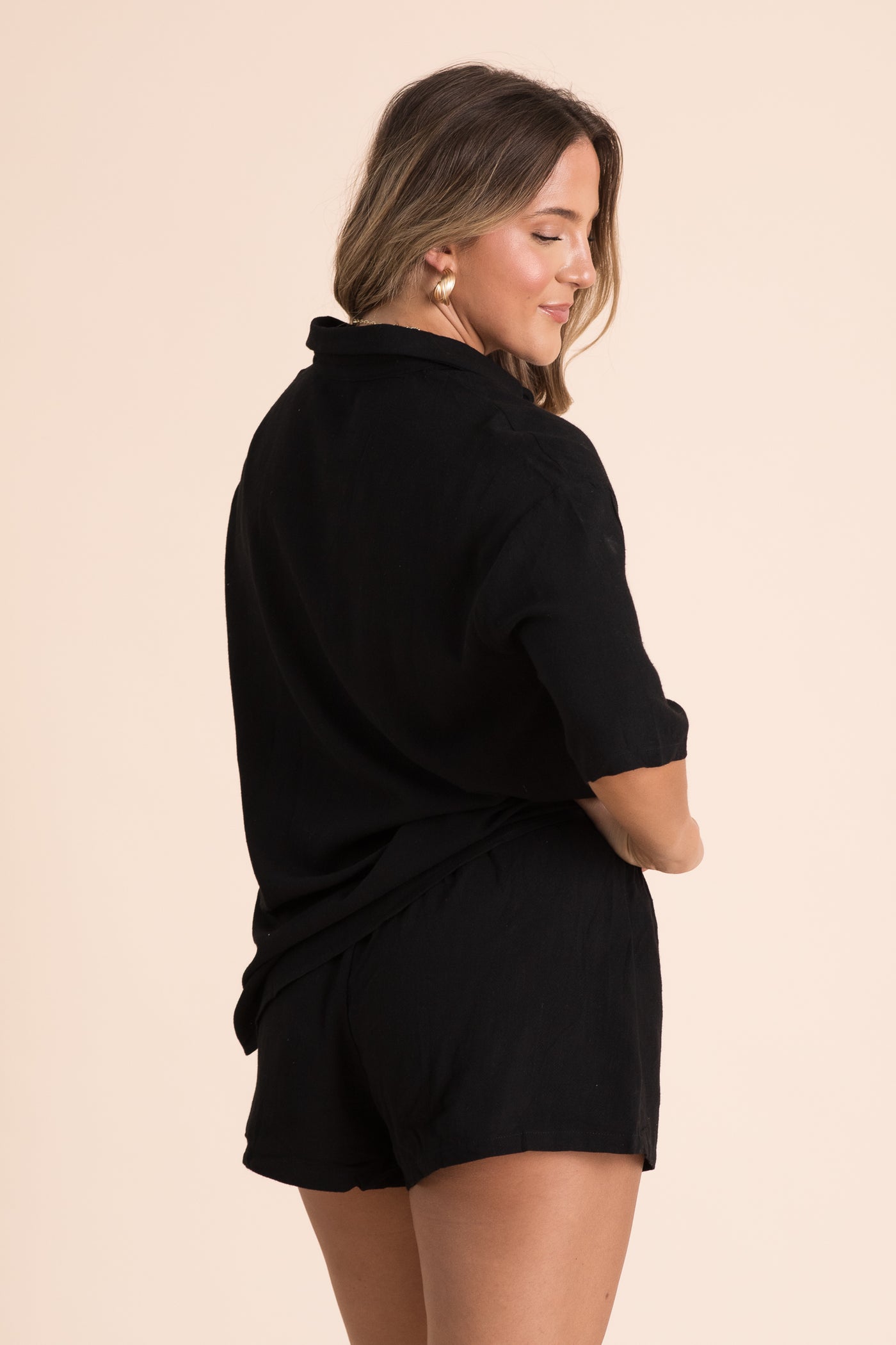 Black Rayon Linen Shirt And Short Set