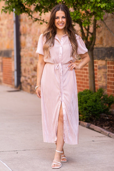 Dusty Rose Crystal Pleat Midi Shirt Dress - Filly Flair