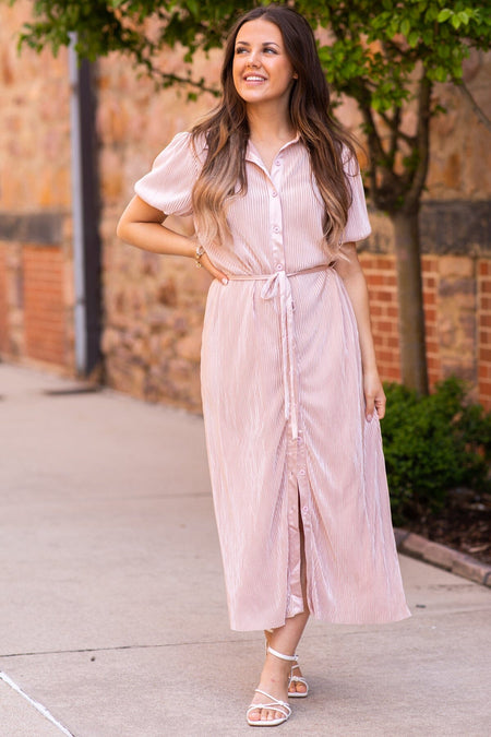 Dusty Rose Crystal Pleat Midi Shirt Dress - Filly Flair