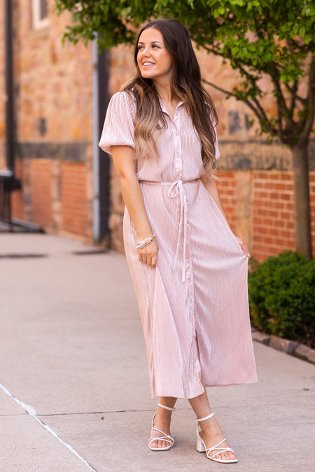 Dusty Rose Crystal Pleat Midi Shirt Dress - Filly Flair