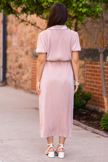 Dusty Rose Crystal Pleat Midi Shirt Dress - Filly Flair