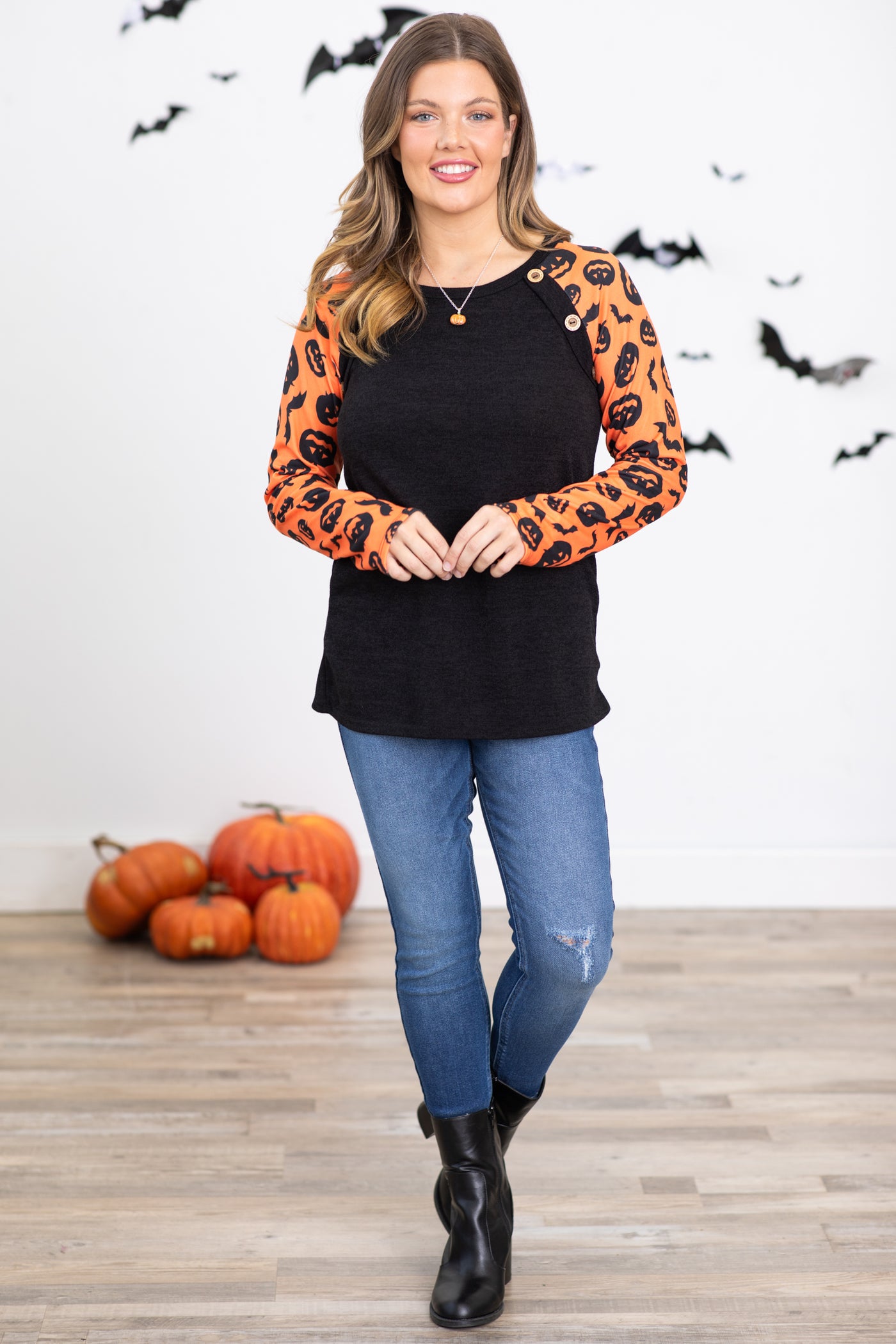 Black and Orange Top With Pumpkin Sleeves