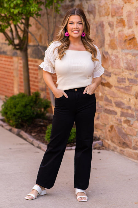 Cream Ribbed Top With Pleated Puff Sleeve - Filly Flair