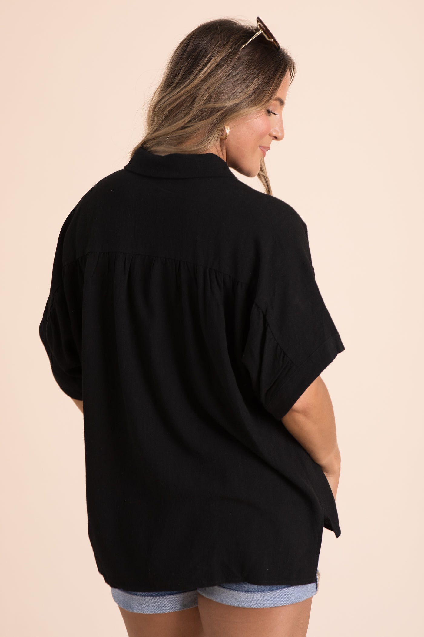 Linen Ruched Seam Button Down Woven Top