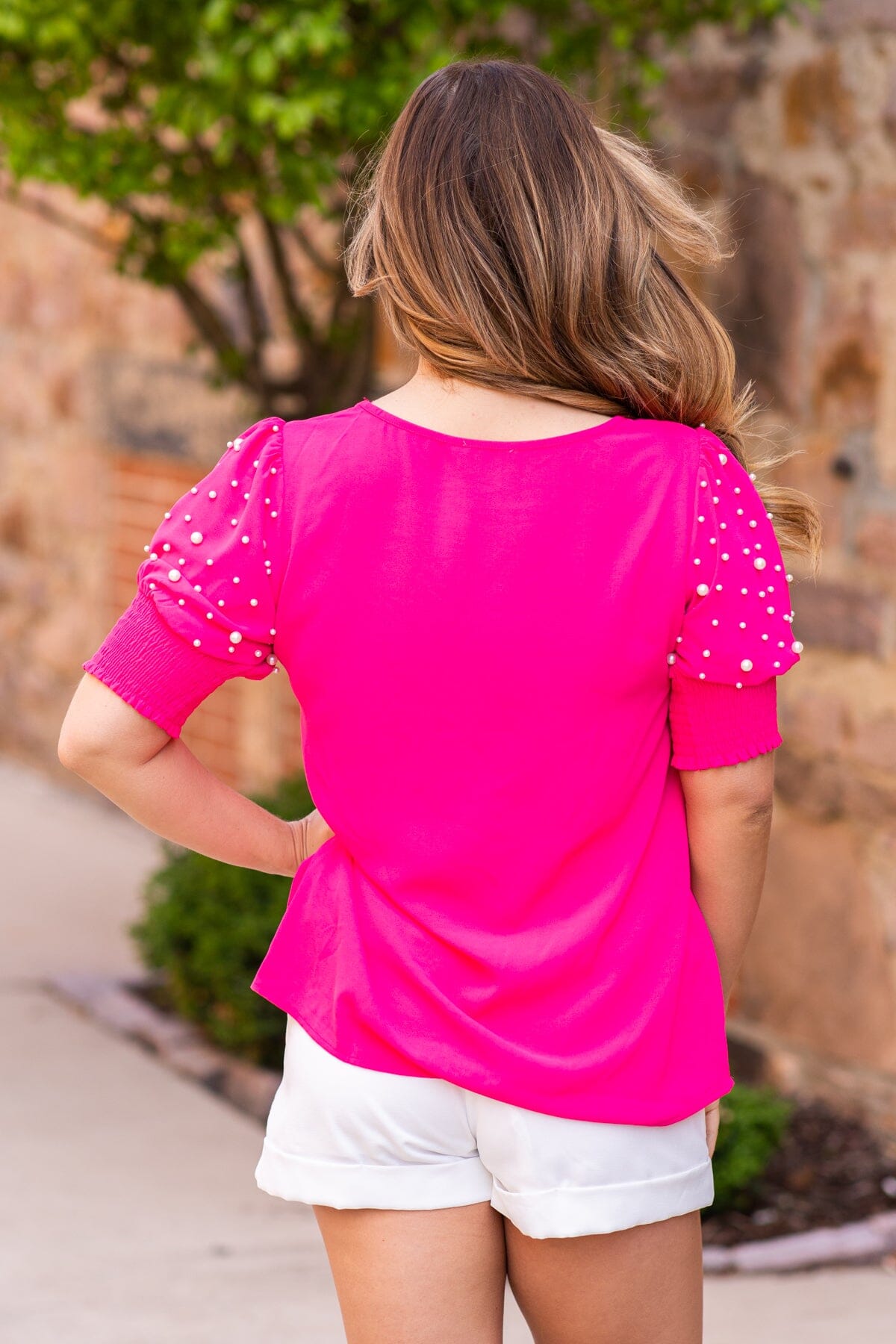 Hot Pink Pearl Detail Puff Sleeve Top