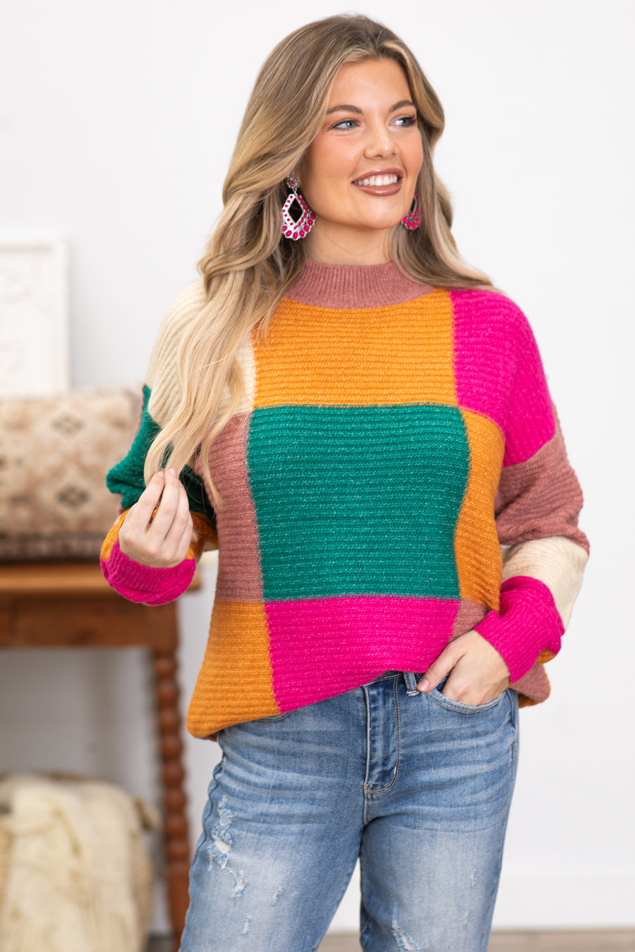 Turquoise and Fuchsia Colorblock Sweater