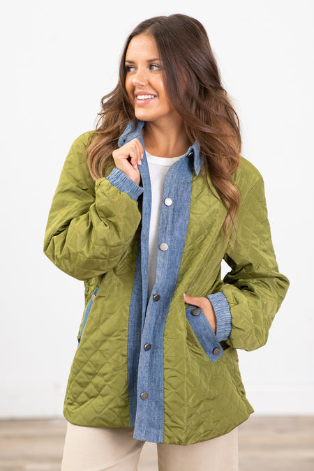 Olive Quilted Jacket With Denim Trim Detail