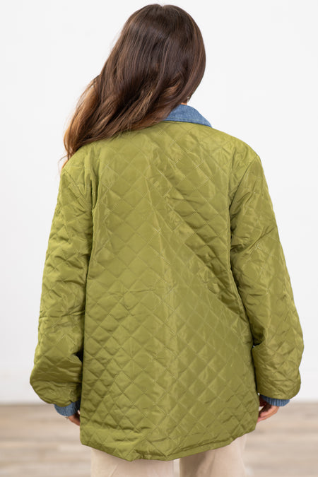 Olive Quilted Jacket With Denim Trim Detail