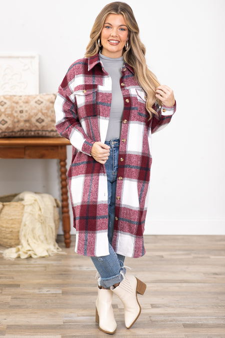 Wine and White Plaid Dolphin Hem Long Shacket