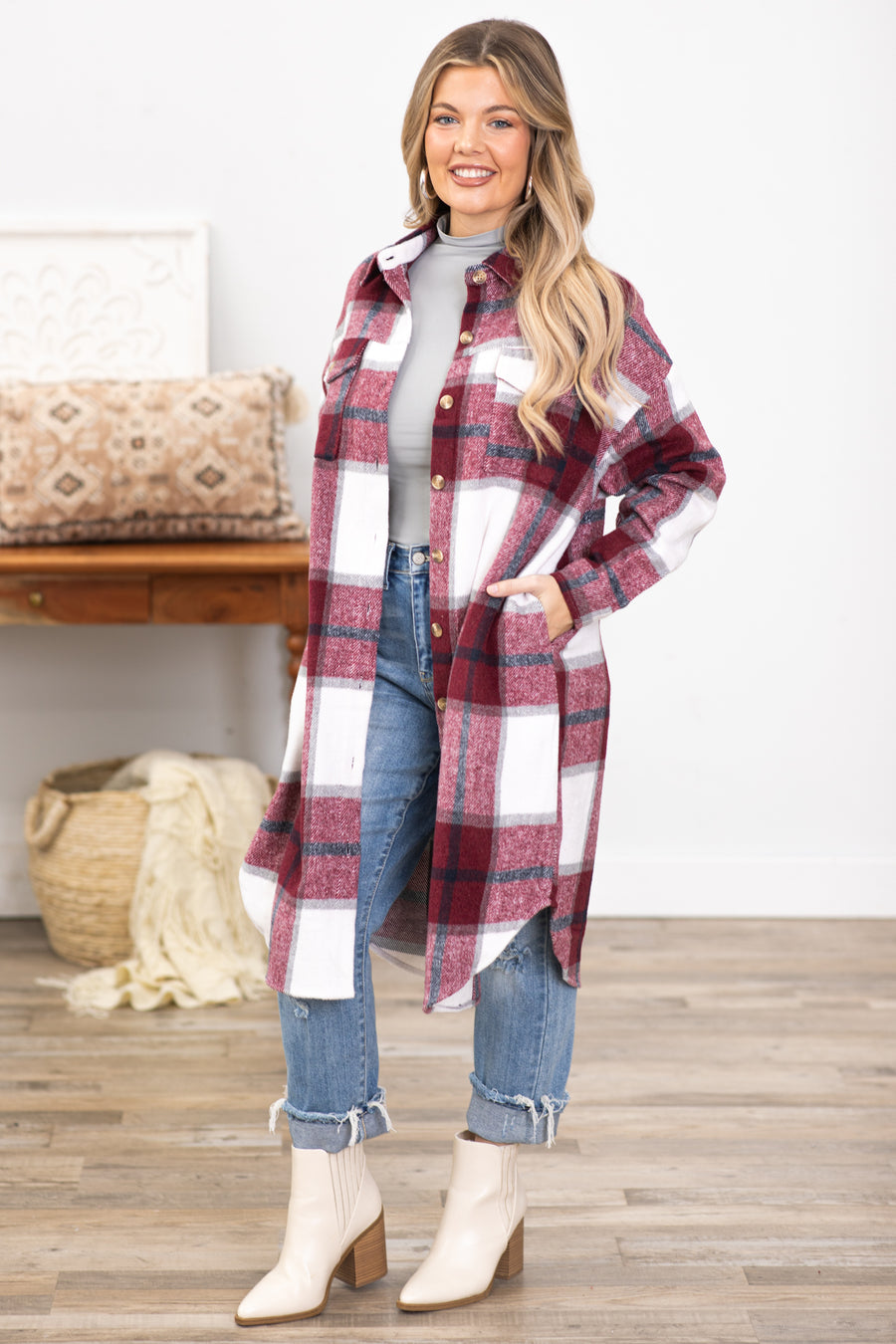 Wine and White Plaid Dolphin Hem Long Shacket