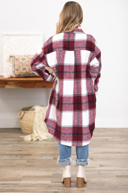 Wine and White Plaid Dolphin Hem Long Shacket