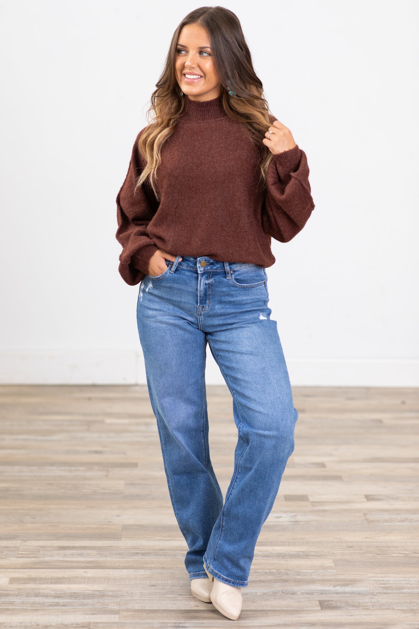 Brown Heathered Mock Neck Sweater