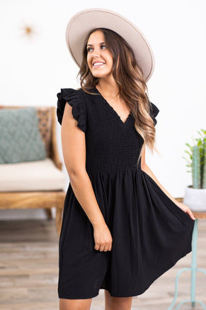 Black Flutter Sleeve Smocked Bodice Dress - Filly Flair