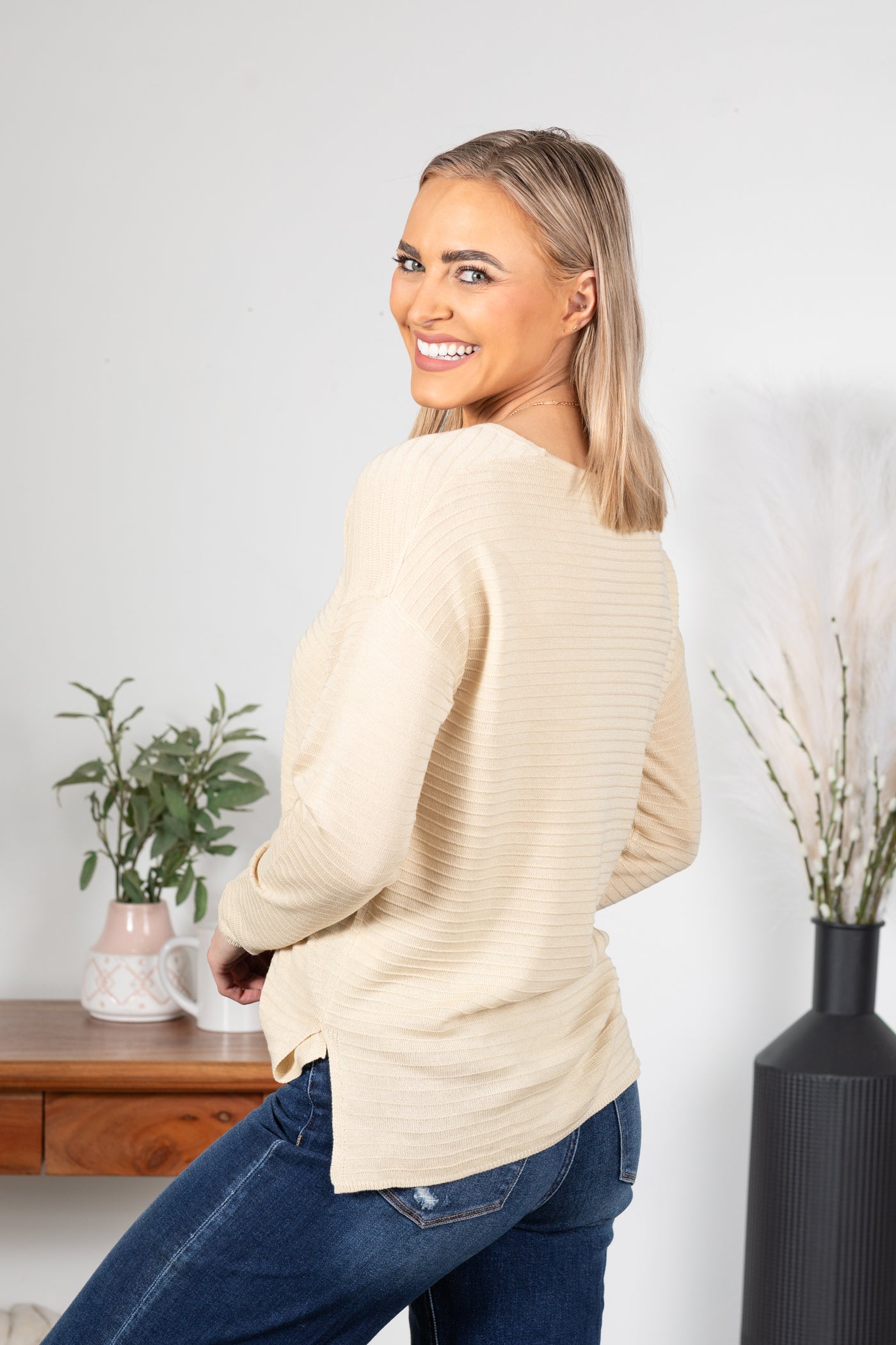 Textured Stripe V-Neck Sweater Top