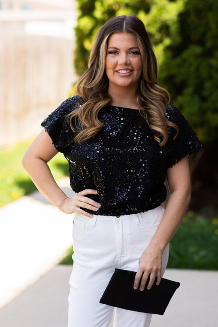 Black Sequin Boat Neck Top - Filly Flair