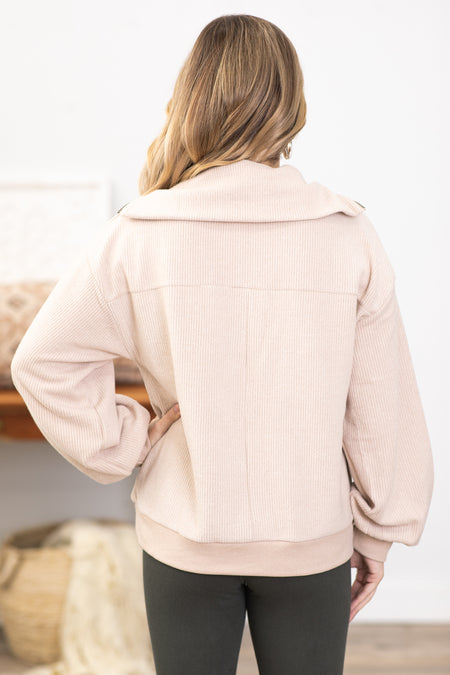 Beige 1/4 Zip Top With Rib Trim