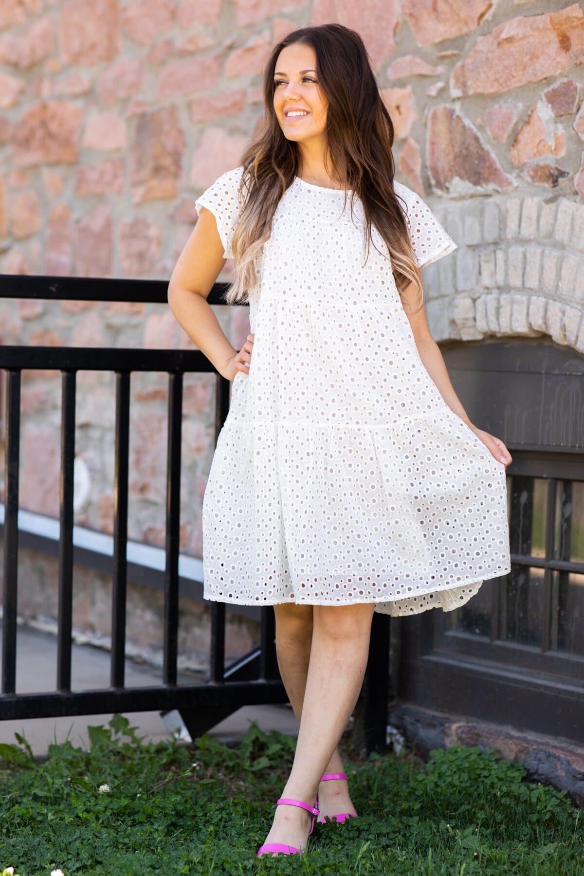 White Eyelet Short Sleeve Dress - Filly Flair