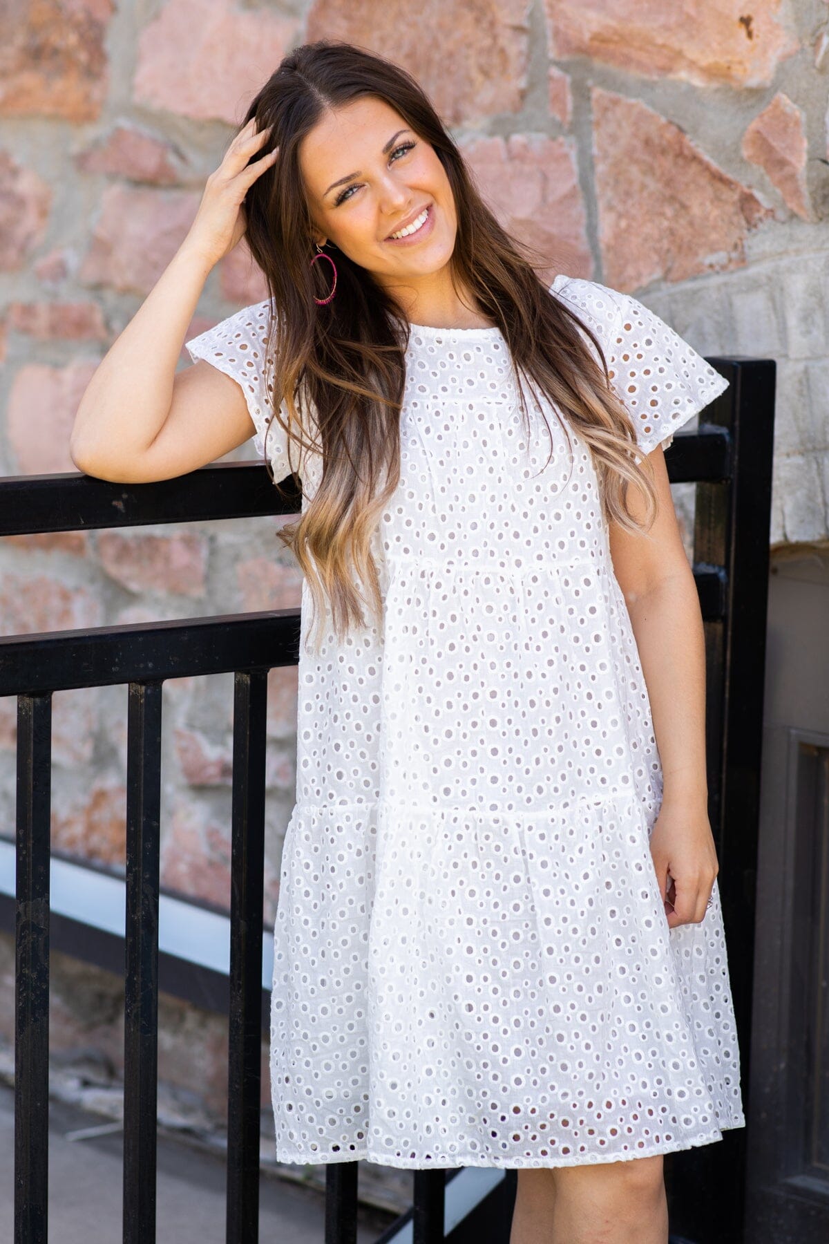 White Eyelet Short Sleeve Dress - Filly Flair