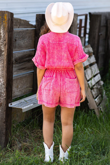 Hot Pink Washed Elastic Waist Romper - Filly Flair