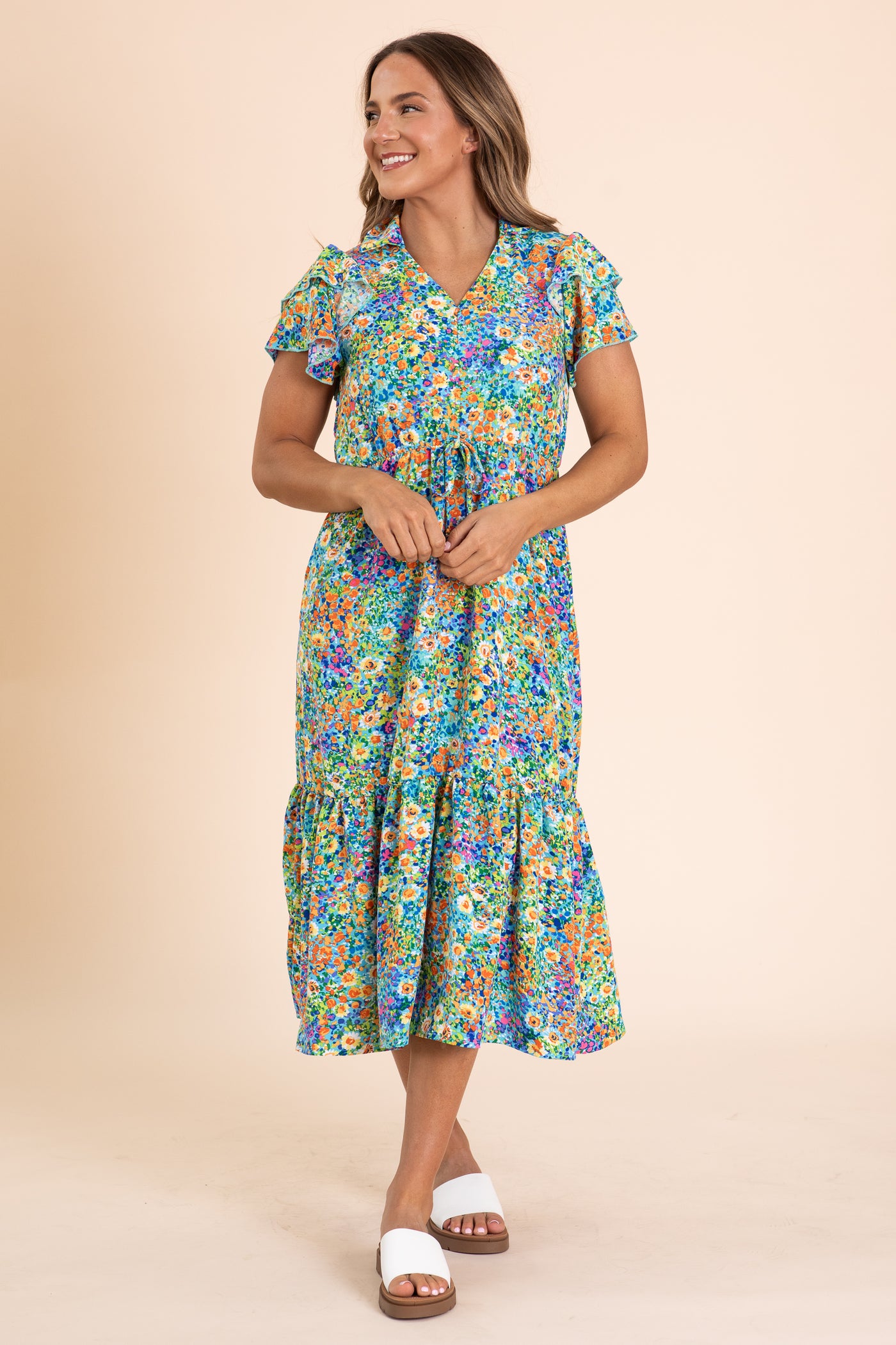 Aqua Floral Maxi Dress With Ruffle Sleeves