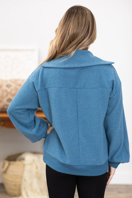 Dusty Blue 1/4 Zip Top With Rib Trim