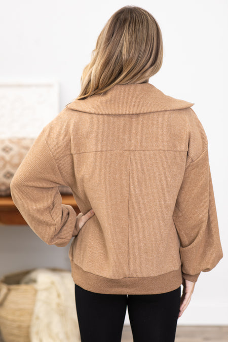 Mocha 1/4 Zip Top With Rib Trim