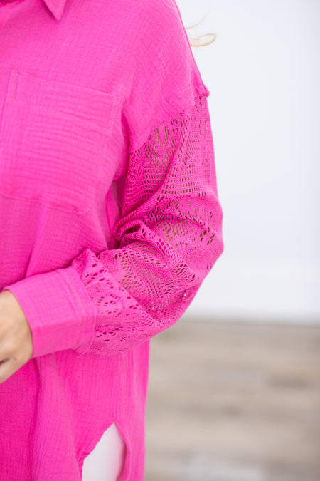 Hot Pink Eyelet Sleeve Button Up Top