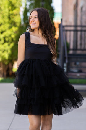 Black Square Neck Tulle Skirt Dress - Filly Flair