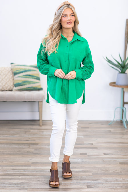 Jade Eyelet Sleeve Button Up Top