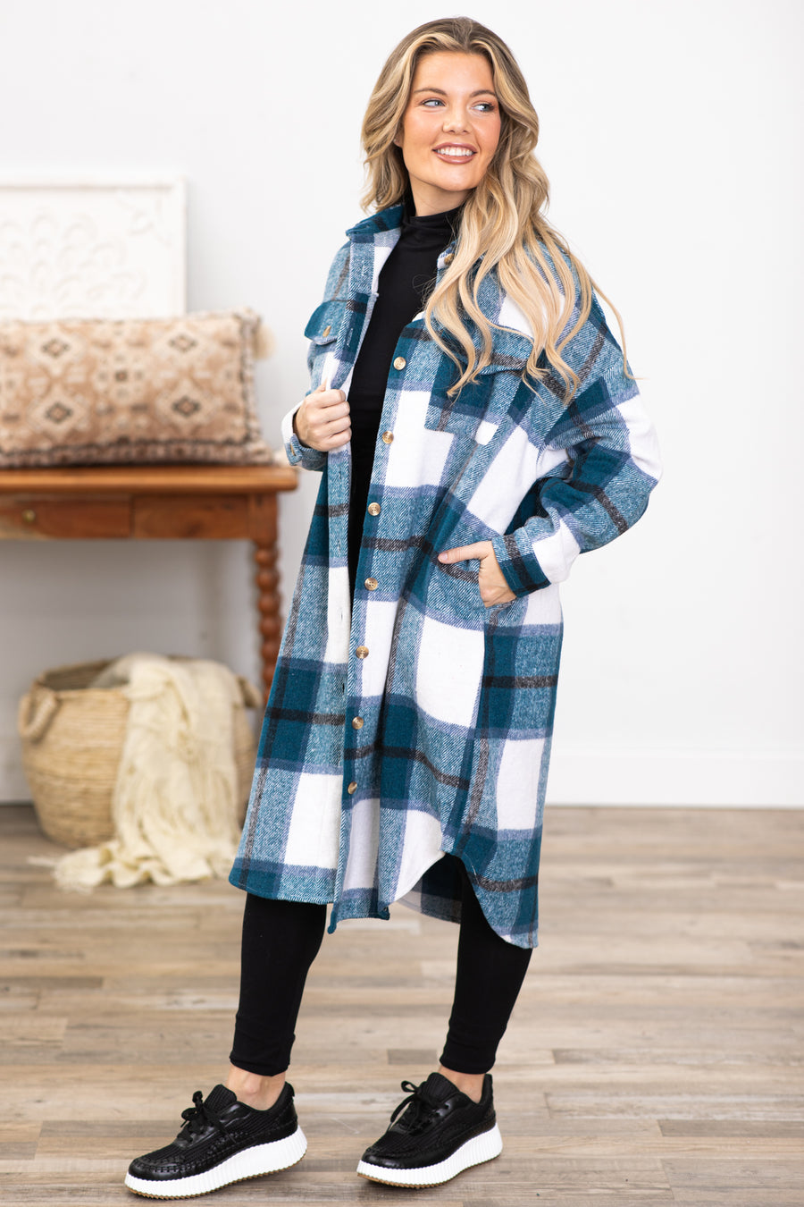 Teal and White Plaid Dolphin Hem Long Shacket