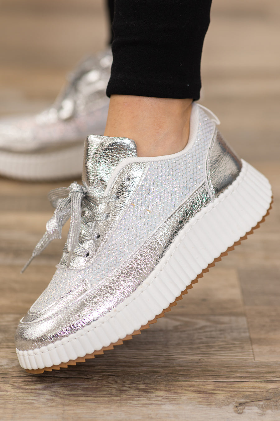 Silver and White Platform Sneakers