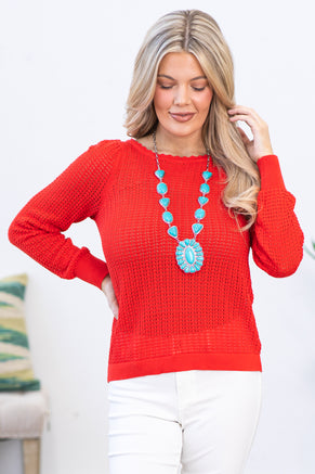 Red Pointelle Boat Neck Sweater