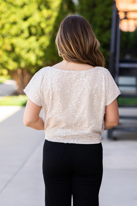 Beige Sequin Boat Neck Top - Filly Flair