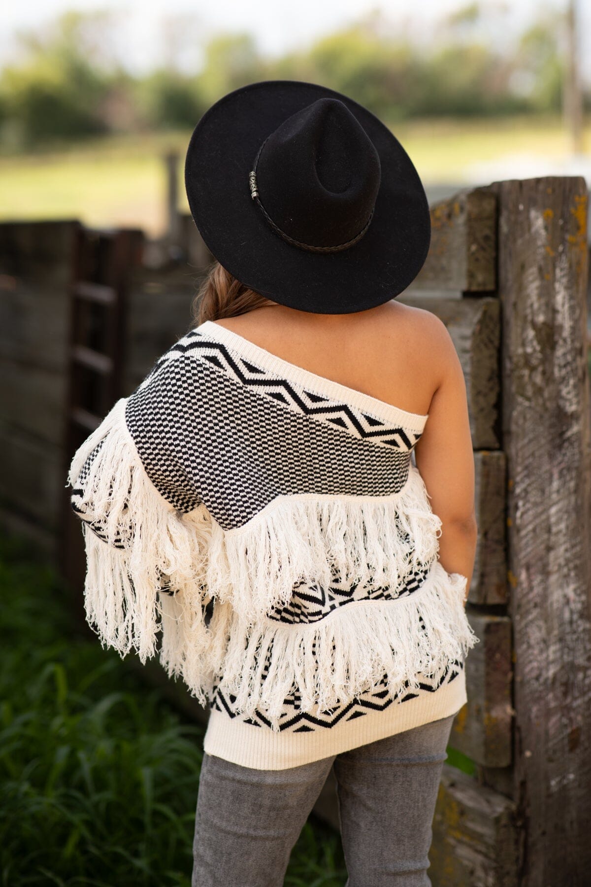 Ivory One Shoulder Sweater With Fringe Filly Flair