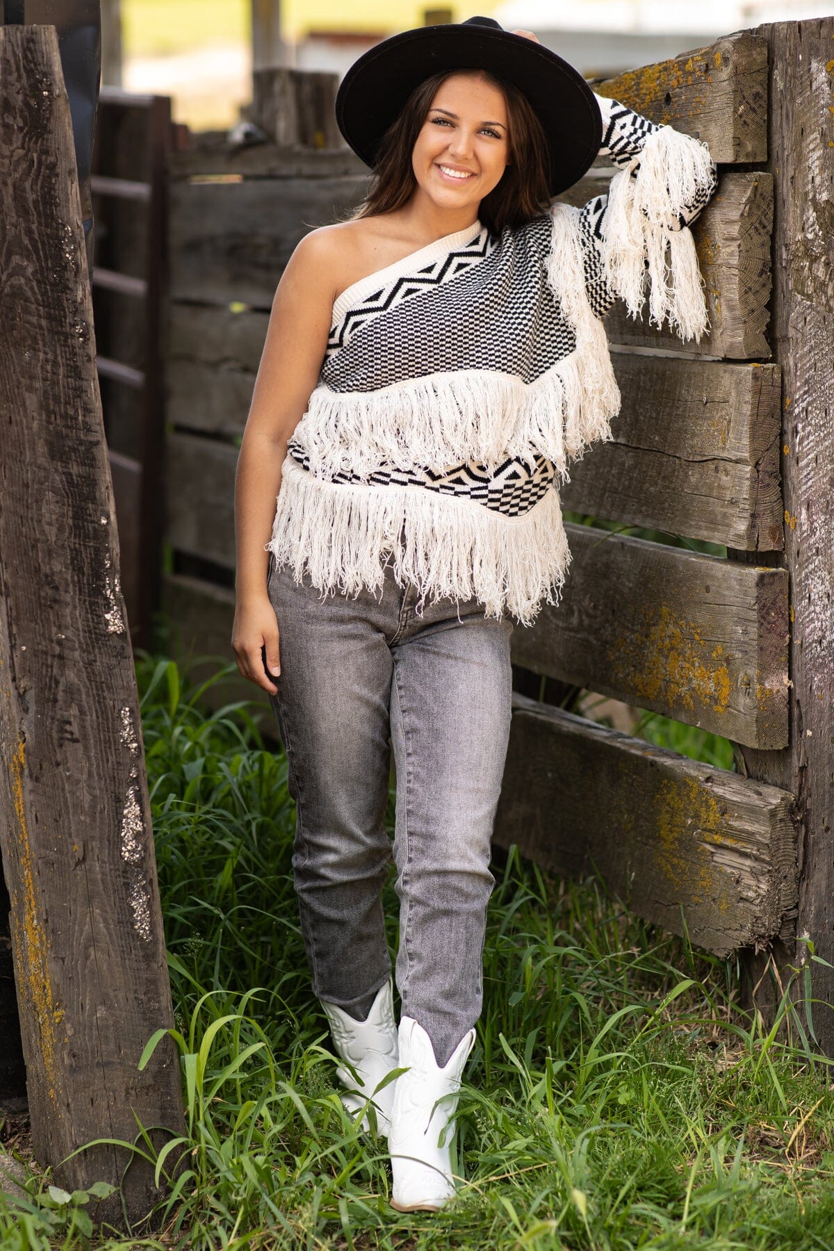 Ivory One Shoulder Sweater With Fringe Filly Flair