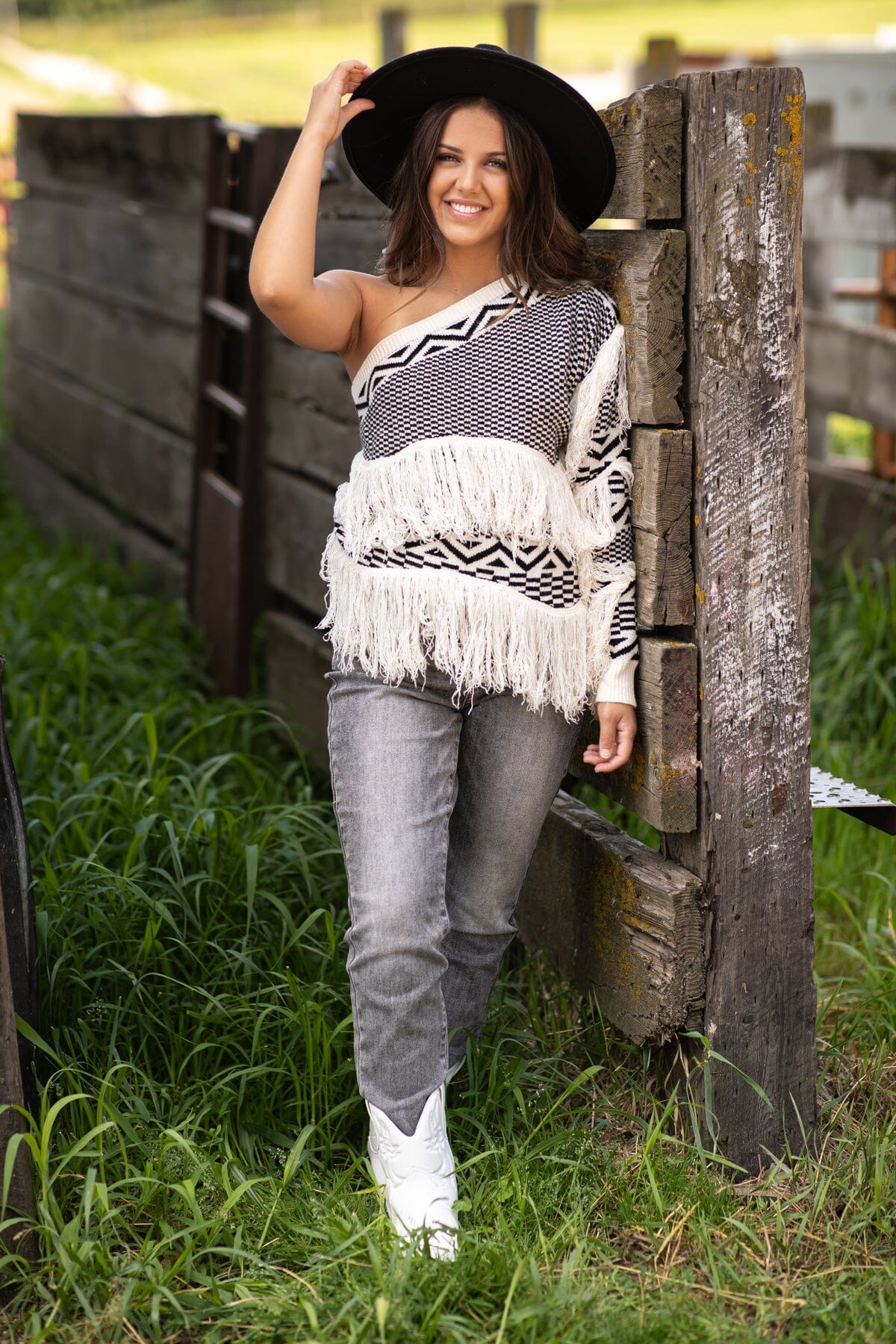 Ivory One Shoulder Sweater With Fringe Filly Flair