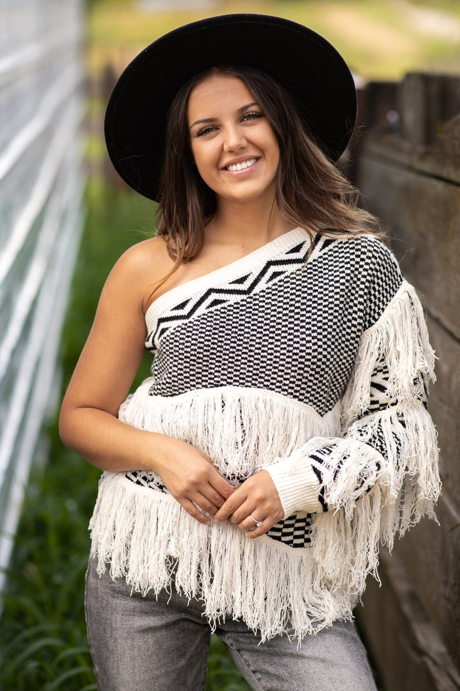 Ivory One Shoulder Sweater With Fringe - Filly Flair