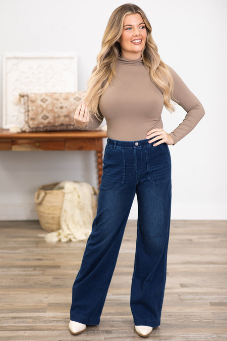 Dark Wash Cotton Stretch Wide Leg Pants