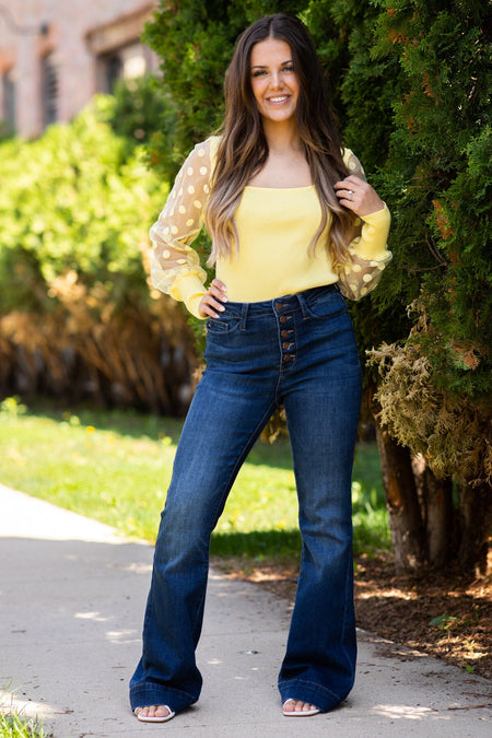 Pastel Yellow Polka Dot Sleeve Ribbed Top - Filly Flair