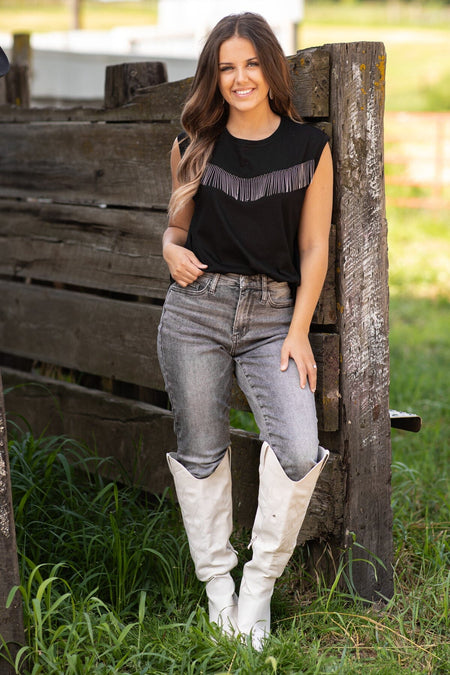 Black Sleeveless Top With Beaded Fringe - Filly Flair