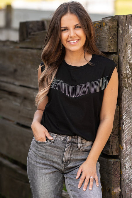 Black Sleeveless Top With Beaded Fringe - Filly Flair