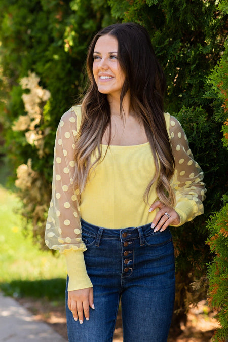 Pastel Yellow Polka Dot Sleeve Ribbed Top - Filly Flair