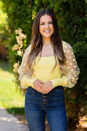 Pastel Yellow Polka Dot Sleeve Ribbed Top - Filly Flair