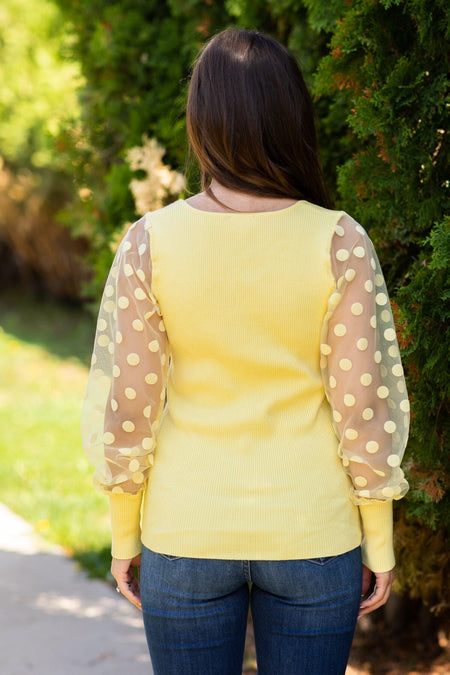 Pastel Yellow Polka Dot Sleeve Ribbed Top - Filly Flair