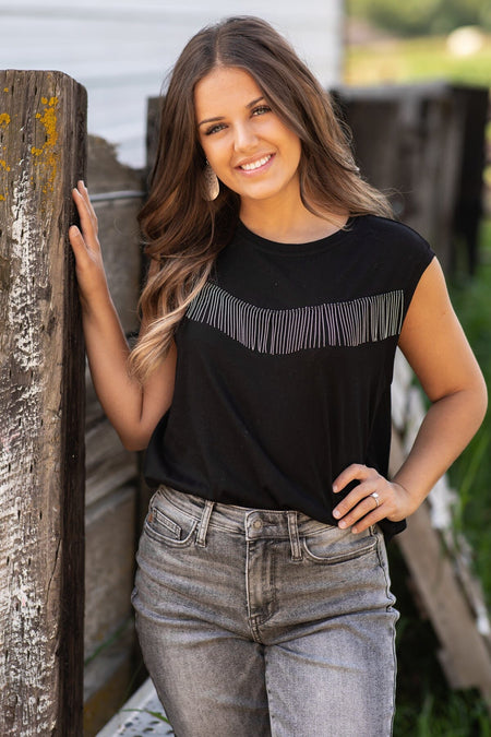 Black Sleeveless Top With Beaded Fringe - Filly Flair