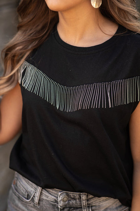 Black Sleeveless Top With Beaded Fringe - Filly Flair